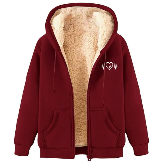 Hueook Jackets for Women Trendy Women's Fashionable Printed Fleece Hooded Sweatshirt Jacket Wine 3X