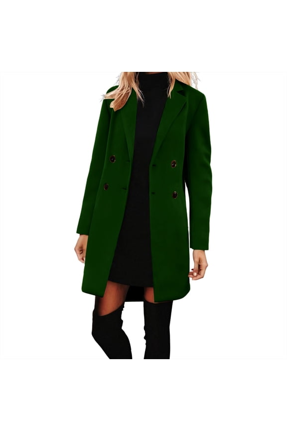 Jackets for Women Trendy Women's Solid Casual Thicken Wool Stand Collar Inner Lining Pocket Breasted Pea Mao Coat Green S