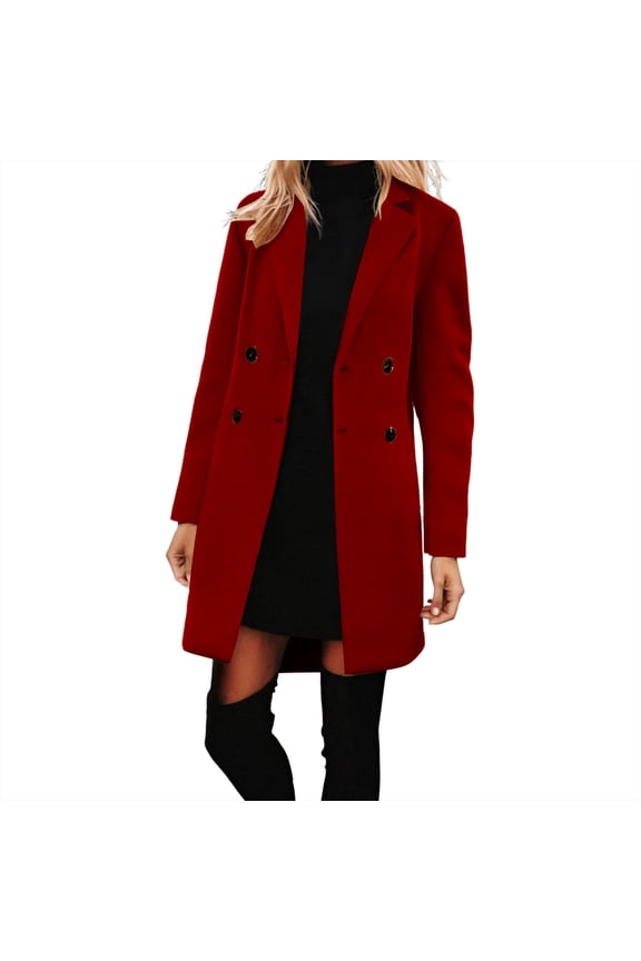 Jackets for Women Trendy Women's Solid Casual Thicken Wool Stand Collar Inner Lining Pocket Breasted Pea Mao Coat Red S