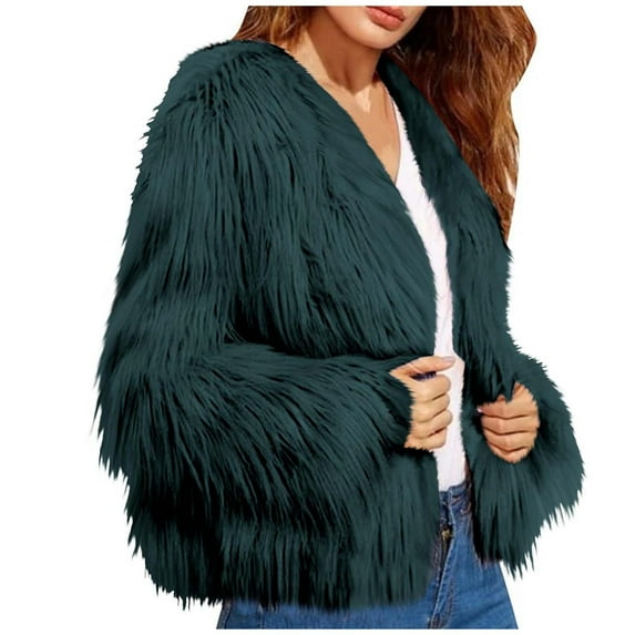 Hueook Jackets for Women Women Winter Warm Faux Coat Solid Color Warm Furry Faux Jacket Long Sleeve Outerwear Green 3X