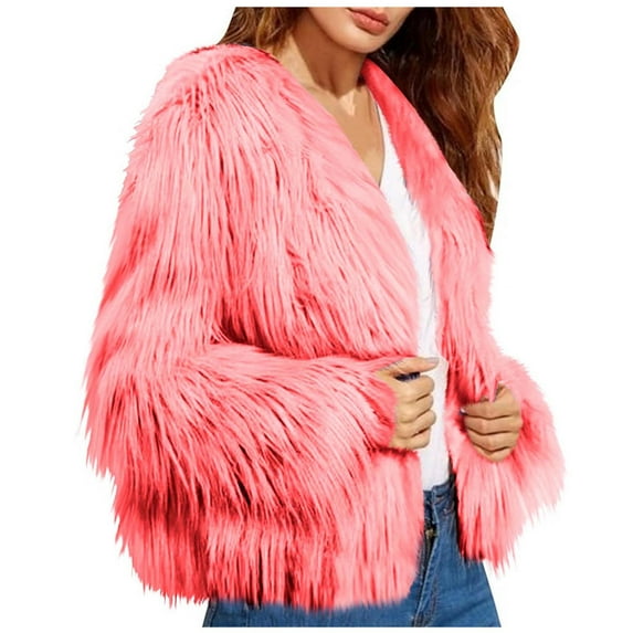 Hueook Jackets for Women Women Winter Warm Faux Coat Solid Color Warm Furry Faux Jacket Long Sleeve Outerwear Hot Pink 3X