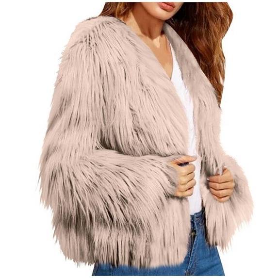 Hueook Jackets for Women Women Winter Warm Faux Coat Solid Color Warm Furry Faux Jacket Long Sleeve Outerwear Khaki 3X