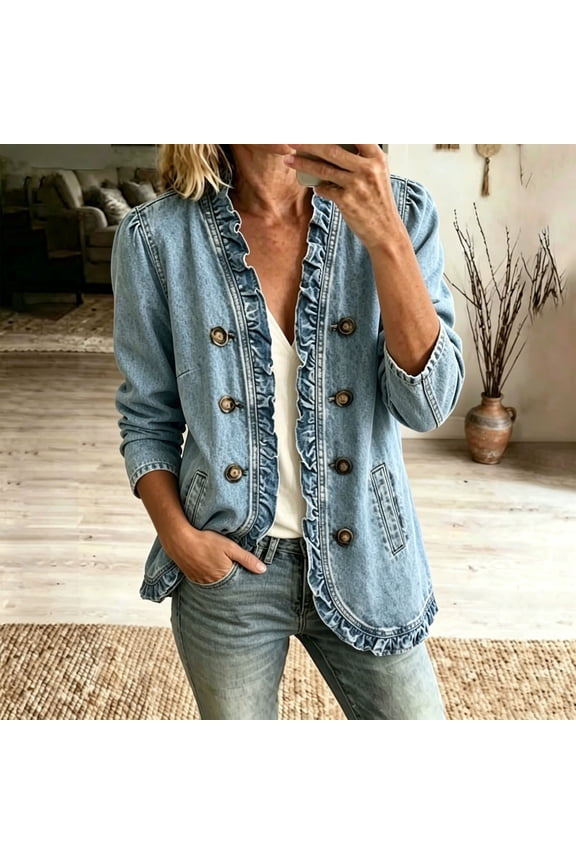 Jeans Cardigan for Women Lightweight Ruffle Denim Jacket Open Front Double Button Down Light Casual Long Sleeve Coat with Pockets Blue S