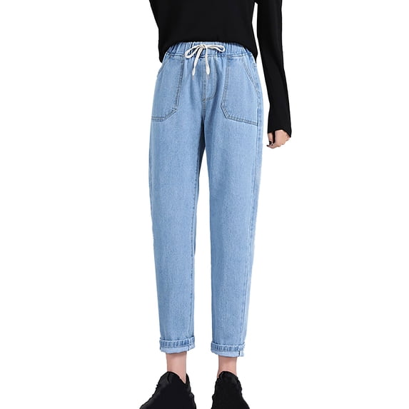 Hueook Jeans For Women Barrel Jean Women's Solid Color Spring-summer Straight Stretch Denim Pants Women's Dance Versatile Trousers Light Blue L