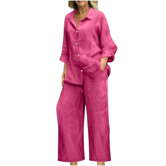 Hueook Jogger Sets For Women 2 Piece Women's Spring And Summer V-neck Loose Lapel Long Sleeved Shirt Wide Leg Pants Color Set Hot Pink 3X
