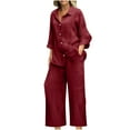 thumbnail image 1 of Hueook Jogger Sets For Women 2 Piece Women's Spring And Summer V-neck Loose Lapel Long Sleeved Shirt Wide Leg Pants Color Set Wine 4X, 1 of 6