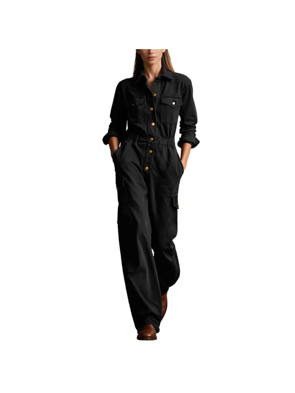 Jumpsuit for Women Long Sleeve Denim Workwear Button Collar Multi Pocket Trousers Black XL