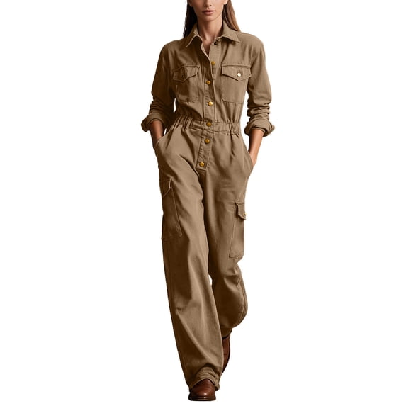 Hueook Jumpsuit for Women Long Sleeve Denim Workwear Button Collar Multi Pocket Trousers Coffee 2X