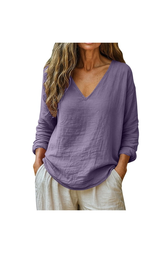 Junior Tshirts for Women Gauze Shirts Women's Casual Loose-fitting Fashionable Long-sleeved V-neck Pullover Top Purple 3X