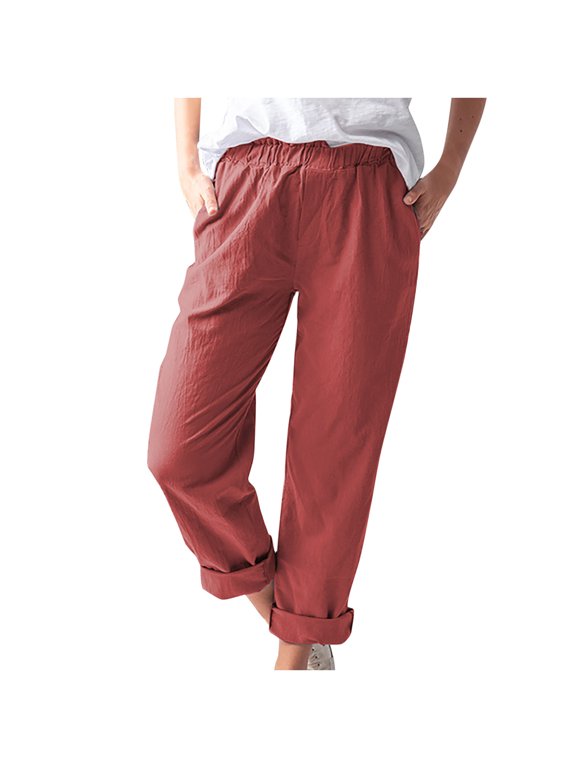 Hueook Leg Pants for Women Plus Size Casual Cotton And Linen Solid Drawstring Elastic Loose Washed Pants With Pokets Botton Trousers
