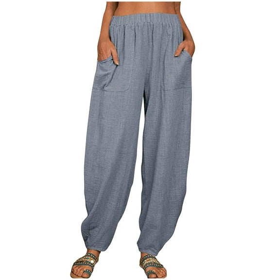 Hueook Leg Pants for Women Plus Size Casual Cotton And Linen Solid Drawstring Elastic Loose Washed Pants With Pokets Botton Trousers