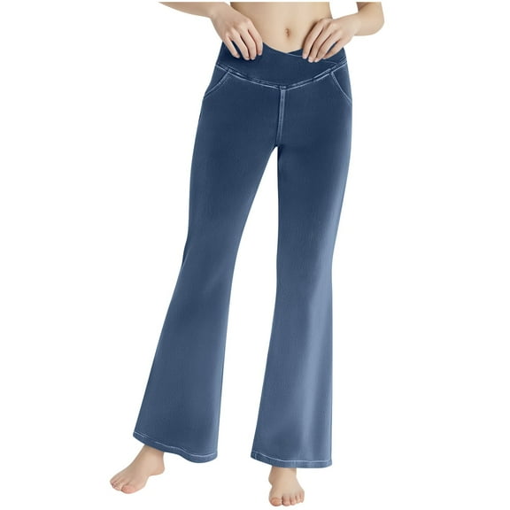 Hueook Leggings for Women Fashion Casual Women Printed Gradient Span Ladies High Waist Wide Leg Trousers Yoga Pants Long Pants Blue 2X