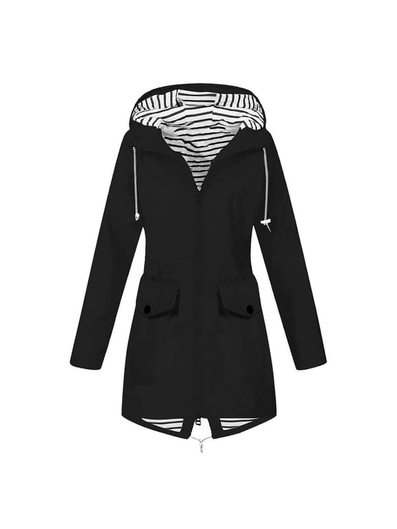Lightweight Rain Jacket for Women Waterproof Raincoat Packable Windbreak Ladies Rain Outdoor Plus Size Hooded Windproof Loose Coat Black S