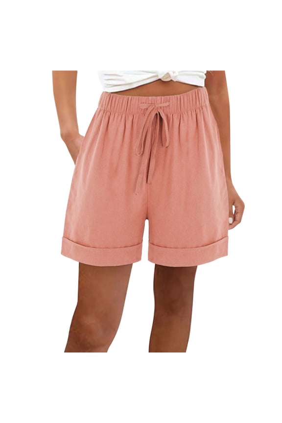 Linen Shorts for Women Flowy Shorts Women's Summer Casual Loose with Pockets Drawstring Elastic Waist Pants Short Pants Pink 3X