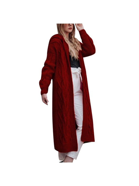 Long Cardigan for Women Hooded Cable Knit Sweater Long Sleeve Open Front Chunky Cardigans Duster with Pockets Wine XL
