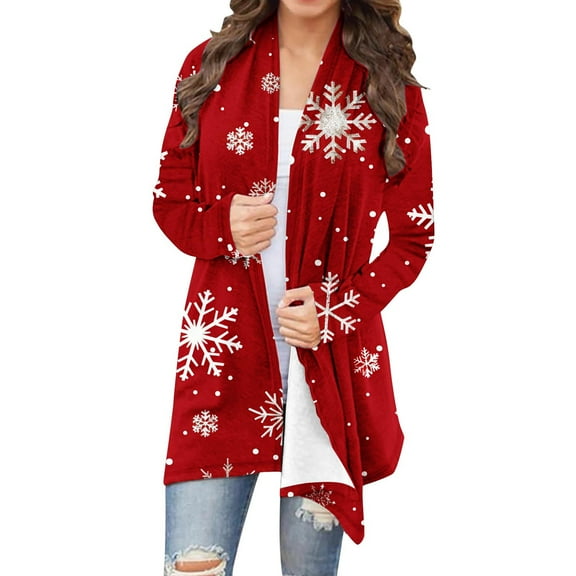 Hueook Long Coat Women Ladies' Casual Long-sleeved Christmas-print Cardigan Top Red 5X