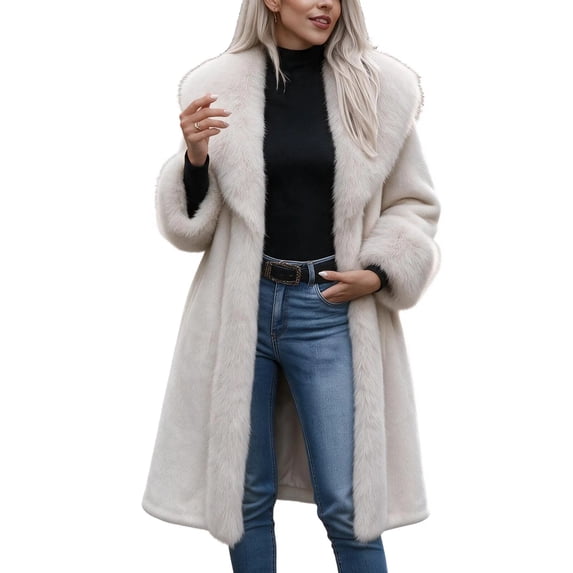 Hueook Long Faux Fur Duster Coat for Women Wide Shawl Lapel Collar Full ...