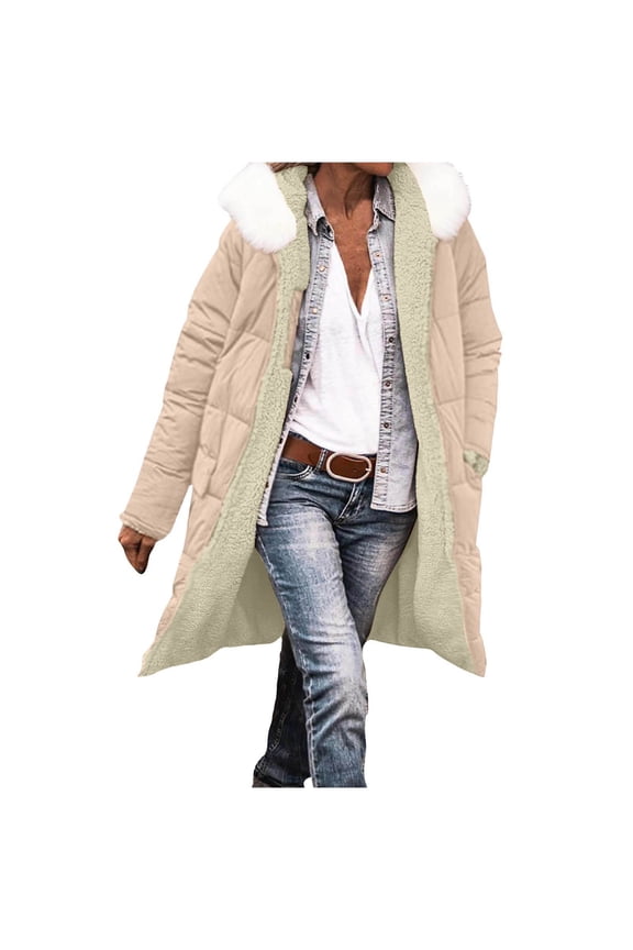 Long Fleece Jacket Womens Winter Coats Sherpa Lined Jackets with Hood Reversible Padded Shearling with Pockets Detachable Hat Collar Beige 2X