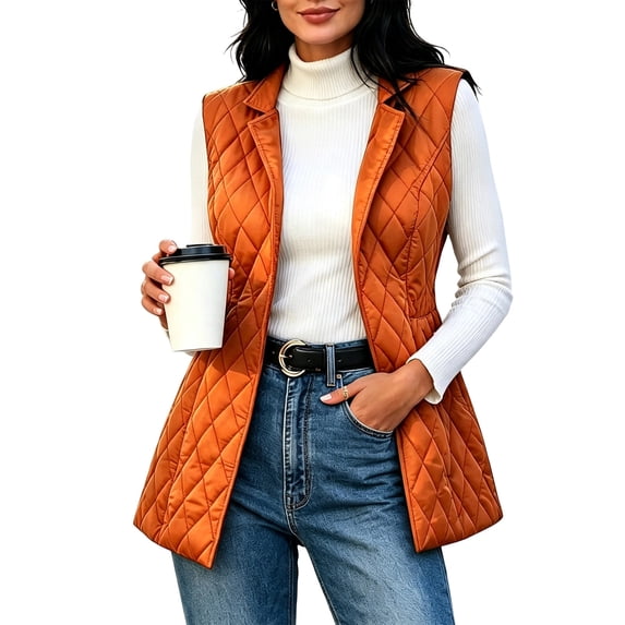 Hueook Long Puffer Vest for Women Winter Gilet Sleeveless Quilted Padded Coat Warm Outerwear Casual Pocket Orange L