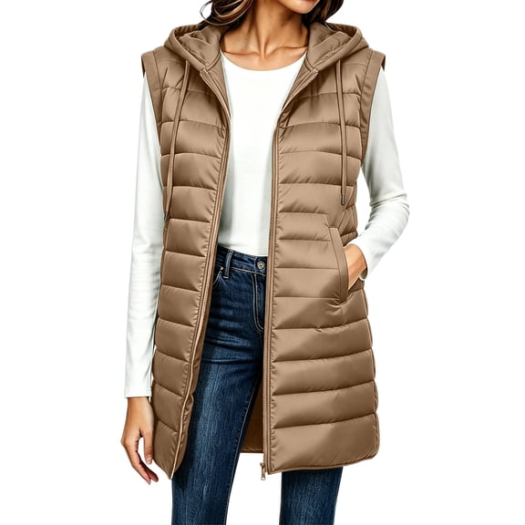 Hueook Long Puffer Vest for Women Winter Hooded Stand Collar Zip Up Quilted Padded Sleeveless Coat Warm Pocket Khaki 3X