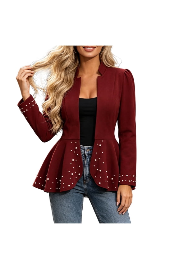 Long Sleeve Knit Cardigan Sweaters Foe Women Dressy Open Front Stand Collar Open Front Waist Fitted Peplum Hem Pearl Embellished Stylish Long Sleeve Jacket Red 2X
