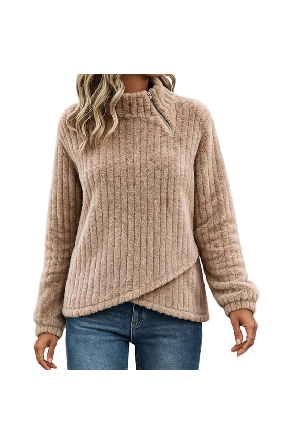 Long Sleeve Shirts Rib Knit Ribbed Fuzzy Fleece Sweater Half Zip Mock Neck Asymmetric Wrap Teddy Pullover Casual Warm Top Khaki S