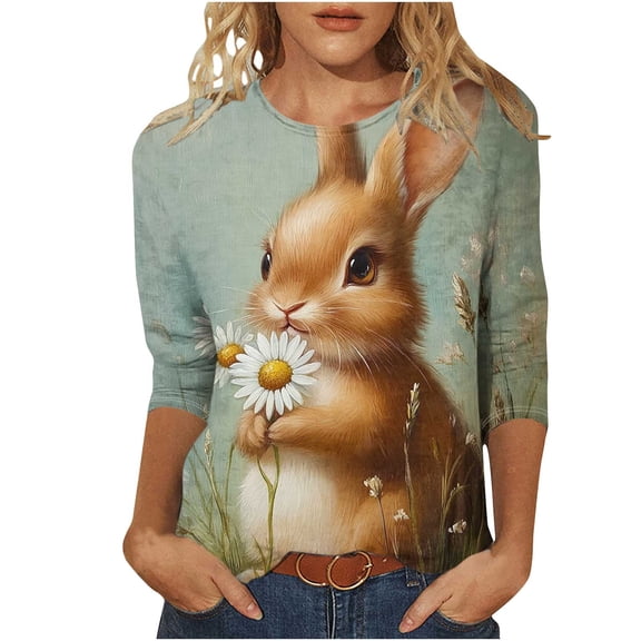 Hueook Long Sleeve Shirts for Womens T Shirts Ladies' St. Patrick's Day Printed Round Neck Three Quarter Sleeve 3/4 Sleeve T-shirt Loose Multicolor 3X