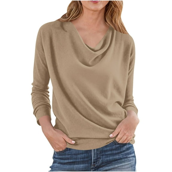 Hueook Long Sleeve Shirts for Women Draped Cowl Neck Tops Women Long-sleeved Pleated Collar Casual Solid Color Loose and Fashionable Top Khaki XL