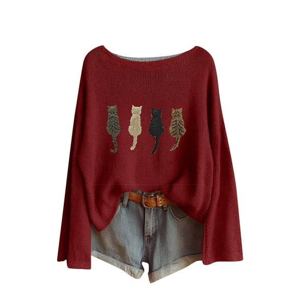 Hueook Long Sleeve Shirts for Womens T Shirts Ladies' Winter Christmas Printed Long Sleeved Coarse Woven pit Stripe Round Neck Pullover Top Wine M