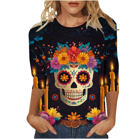 Hueook Long Sleeve T Shirt Women Gym Shirts Women Ladies' Day Of The Dead Printed Round Neck Three Quarter Sleeve 3/4 Sleeve T-shirt Loose Top Long Sleeved Round Neck Top/shirt Multicolor 2X