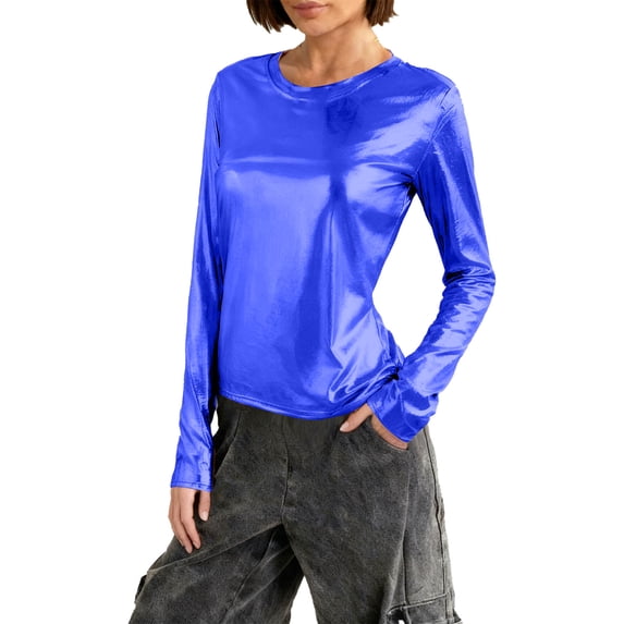 Hueook Long Sleeve Tops for Women Fashionable Spring and Summer Shiny Metal Long Sleeved Round Neck Base Slim Top Blue XL