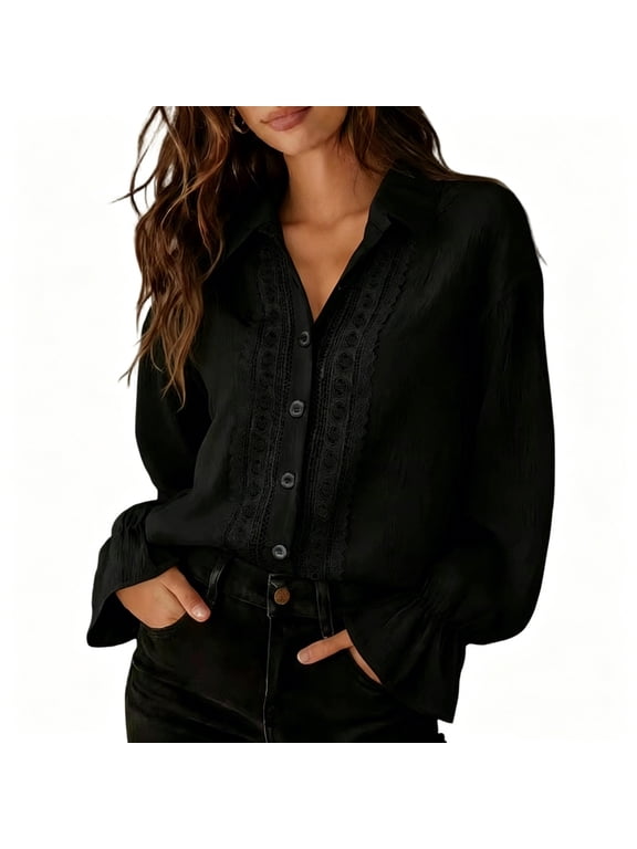 Long Sleeve Undershirt for Women Textured Fabric Lace Detail Blouse Button Up Collared Shirt for Fall Summer Black XL