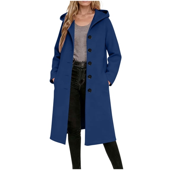 Hueook Long Trench Coat Single Breasted Lapel Ladies' Casual Warm Winter Daily Solid Color Pocket Button Long Sleeved Hooded Coat Woolen Coat Top Blue L