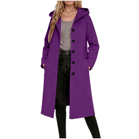 Hueook Long Trench Coat Single Breasted Lapel Ladies' Casual Warm Winter Daily Solid Color Pocket Button Long Sleeved Hooded Coat Woolen Coat Top Purple S