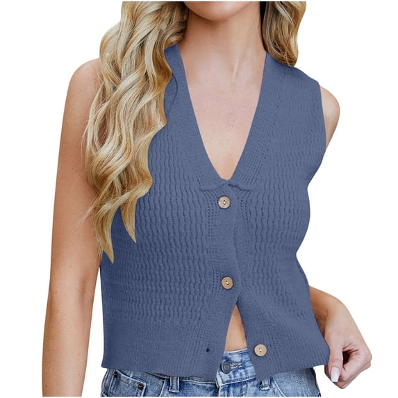 Hueook Long Vest for Women Women's Fashionable Casual V-neck Button Knit Solid Color Blue M