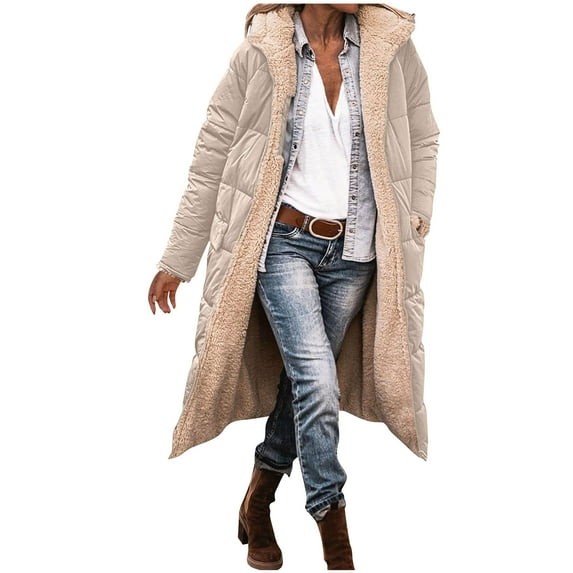Hueook Long Winter Coats for Women's Winter Casual Loose Fashion Color Pocket Zippered Tops Reversible Long Coat Khaki 4X