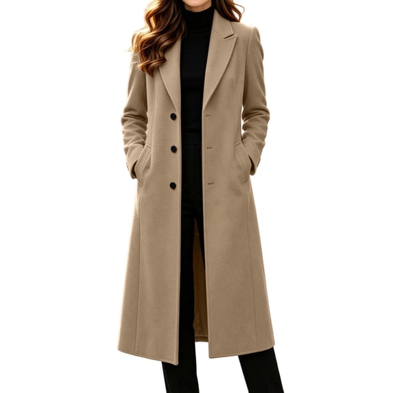 Hueook Long Wool Trench Coat for Women Single Breasted Trench Coat Notched Lapel Fully Lined Winter Peacoat Business Overcoat Pockets Khaki S