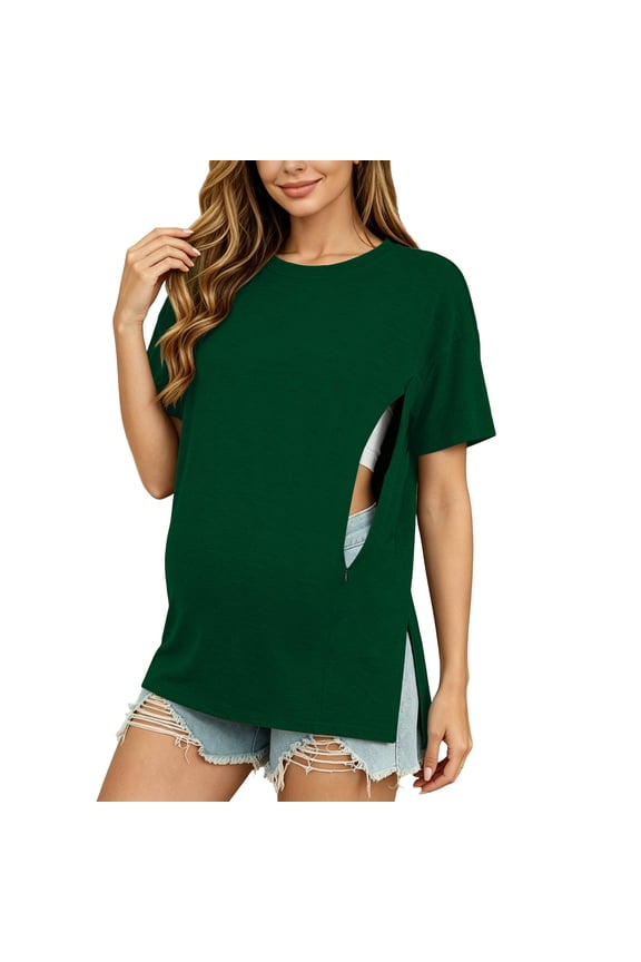Maternity Shirts Tee Cotton Side Ruched Ladies Fashion Solid Color Short Sleeve Zipper Breastfeed Pregnant Woman Breathable Casual Top Green 2X