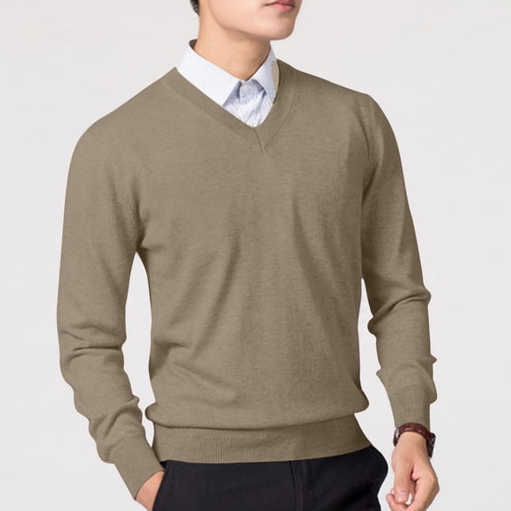 Hueook Mens Sweaters Men's Winter Casual Fashion Solid Color Texture Long Sleeved V Neck Sweater Coffee XL