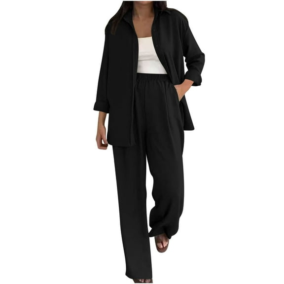 Hueook Outfits For Women 2 Piece Sets Women's Spring And Summer V-neck Loose Lapel Long Sleeved Shirt Wide Leg Pants Color Set Black 2X