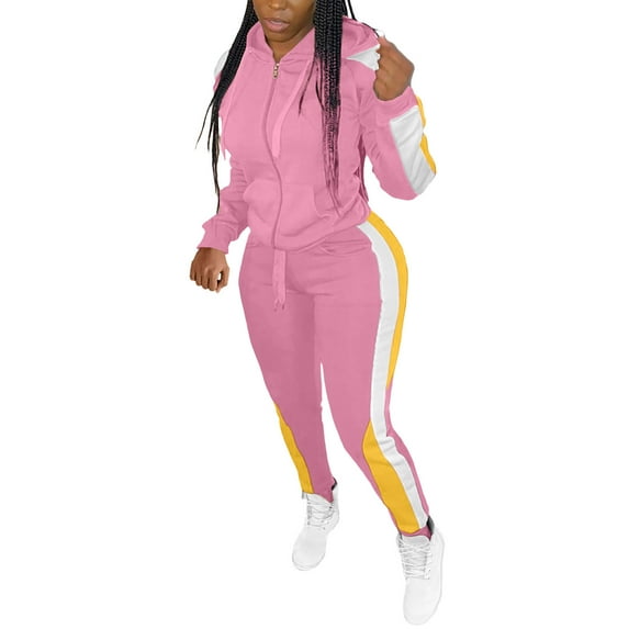Hueook Outfits For Women 2 Piece Sets Womens Color Block Casual Hooded Zipper Jacket Two-Piece Set Pink L