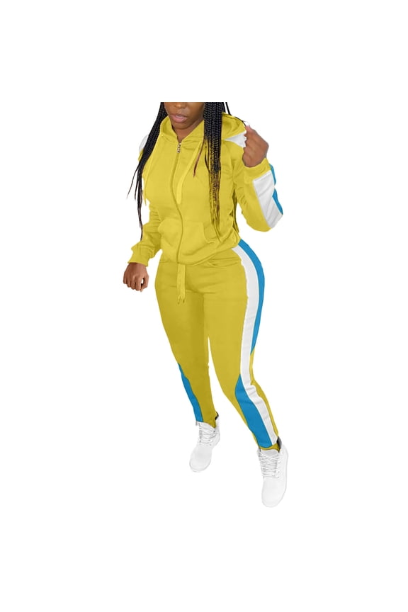 Outfits For Women 2 Piece Sets Womens Color Block Casual Hooded Zipper Jacket Two-Piece Set Yellow 2X