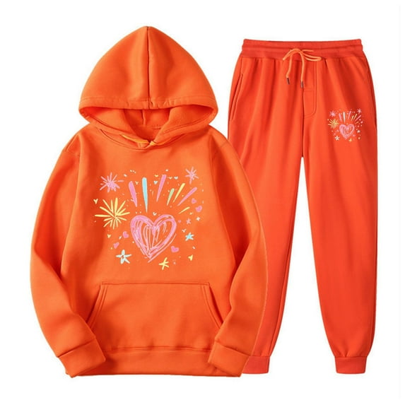 Hueook Outfits for Women 2 Piece Sets Women's Casual Printed Pocket Hoodie with Long Sleeves and Pants Set Orange XL