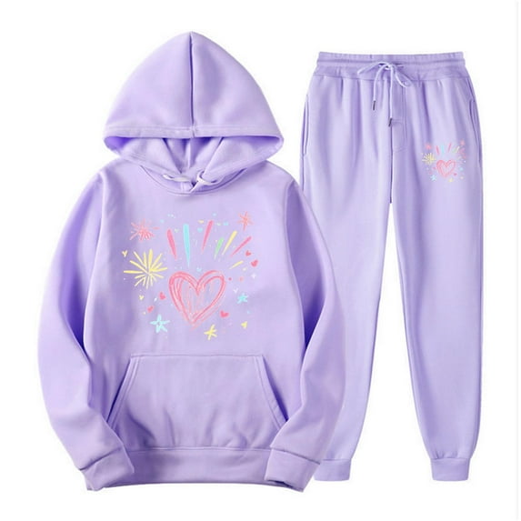 Hueook Outfits for Women 2 Piece Sets Women's Casual Printed Pocket Hoodie with Long Sleeves and Pants Set Purple M