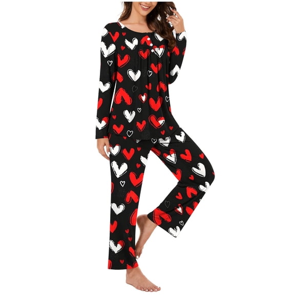 Hueook Outfits for Women Fashionable Casual Loose Valentine's Day Printed Round Neck Button Up Long Sleeved Pants Pajama Set Red M