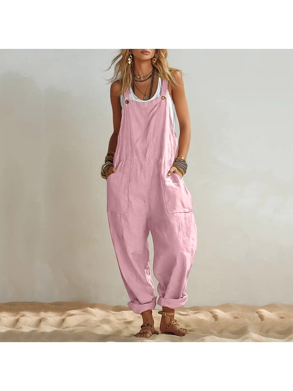 Overalls for Women Baggy Bib Jumpers Casual Sleeveless Jumpsuits One Piece Summer Trendy Pocket Casual Sleeveless Suspender Pink S