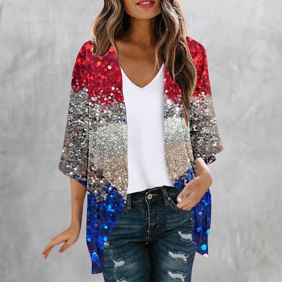 Hueook Oversized Cardigans for Women Ladies' Cardigan Independence Day Printed Spring and winter Long Sleeved Printed Multicolor XL