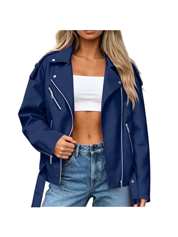 Oversized Leather Jacket Moto Bomber Coat Fall Concert Party Long Sleeve Leisure Zipper Leather Biker Jacket Blue 5X