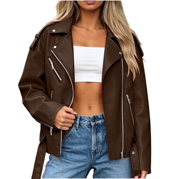 Hueook Oversized Leather Jacket Moto Bomber Coat Fall Concert Party Long Sleeve Leisure Zipper Leather Biker Jacket Brown 5X