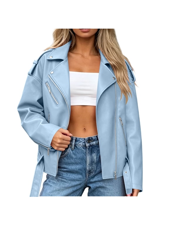 Oversized Leather Jacket Moto Bomber Coat Fall Concert Party Long Sleeve Leisure Zipper Leather Biker Jacket Sky Blue S